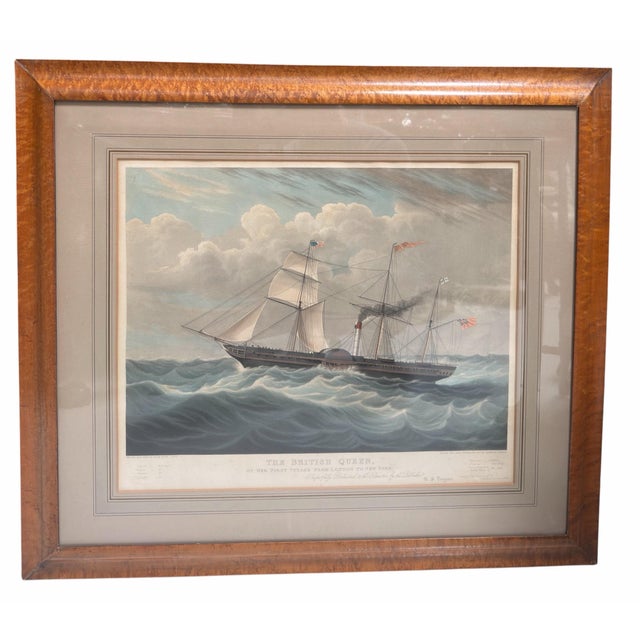 Antique nautical hand colored stem ship print: The British Queen on her First Voyage from London to New York.