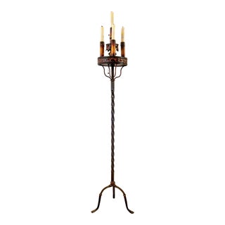 1920s Antique Spanish Revival Gothic Polychromed Wrought Iron Floor Lamp Torchiere For Sale