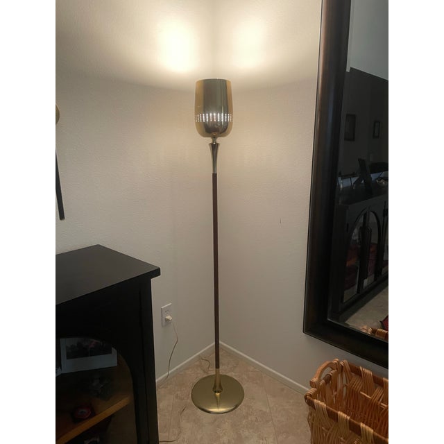 Wood Gerald Thurston for Lightolier Walnut & Brass Torchiere Floor Lamp For Sale - Image 7 of 7