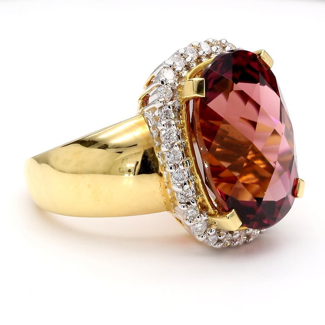 Pink 18.75 Carat Cushion Cut Pink Tourmaline & Diamond Halo Set 18k Yellow Gold Ring, Size 8 For Sale - Image 8 of 11