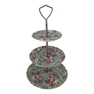 Vintage Norquest China 3-Tier Hand Painted Floral Porcelain Lazy Susan Marked For Sale