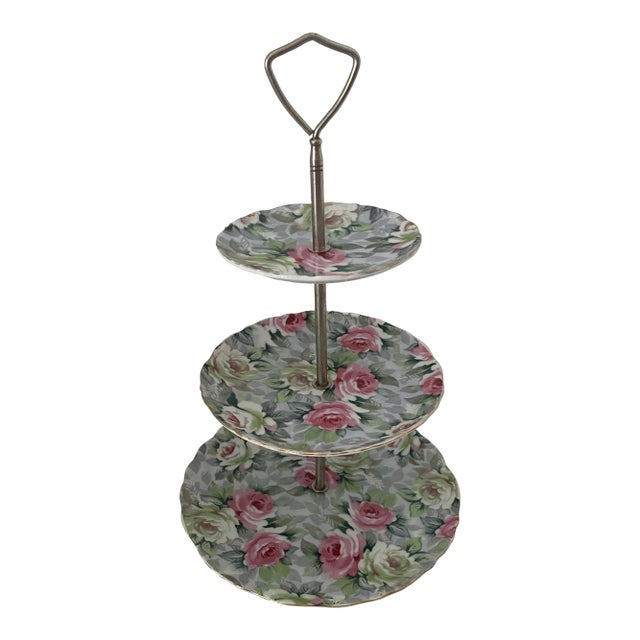 Vintage Norquest China 3-Tier Hand Painted Floral Porcelain Lazy Susan Marked For Sale