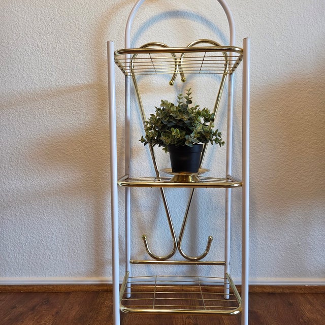Shabby Chic Vintage White & Gold Metal Three-Tier Heart Scroll Plant Stand For Sale - Image 3 of 8