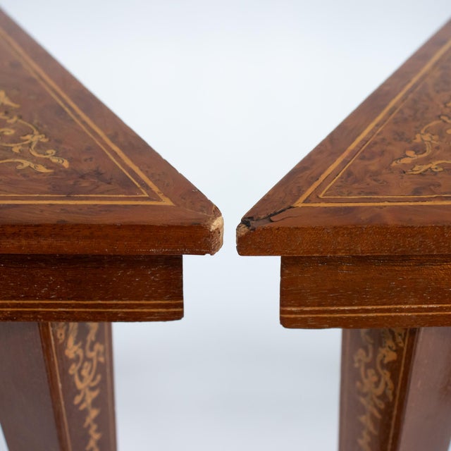 Brown Pair of Vintage Italian Sorrento Style Marquetry Triangular Side Tables, C. 1970 For Sale - Image 8 of 18