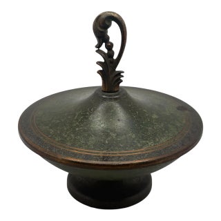 Carl Sorensen Art & Crafts Footed Covered Bronze Bowl With Stylized Flower Finial For Sale