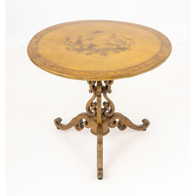 Chinoiserie Yellow Painted Circular Occasional Table, the top with figural scene painted figural scene and foliate border...