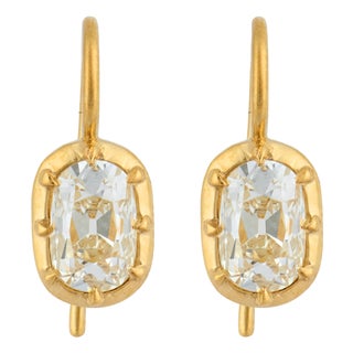 Mid 20th Century Gia 2.08 Carat Old Mine Cut Diamond Drop 18k Gold Earrings, A Pair For Sale