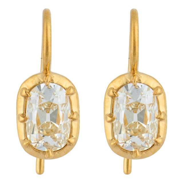 Mid 20th Century Gia 2.08 Carat Old Mine Cut Diamond Drop 18k Gold Earrings, A Pair For Sale