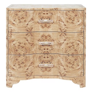 Matthew Izzo Home Calvin Light Burlwood Three Drawer Side Table With Acrylic and Brass Handles For Sale