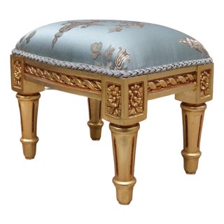 1990s Blue Upholstered Footstool in Gold Leaf For Sale