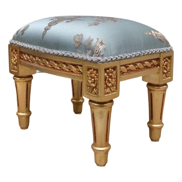 1990s Blue Upholstered Footstool in Gold Leaf For Sale