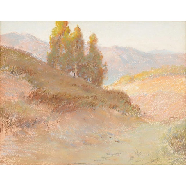 Unsigned California plein aire school pastel on paper landscape study. The work is framed in a white gold leafed molding...