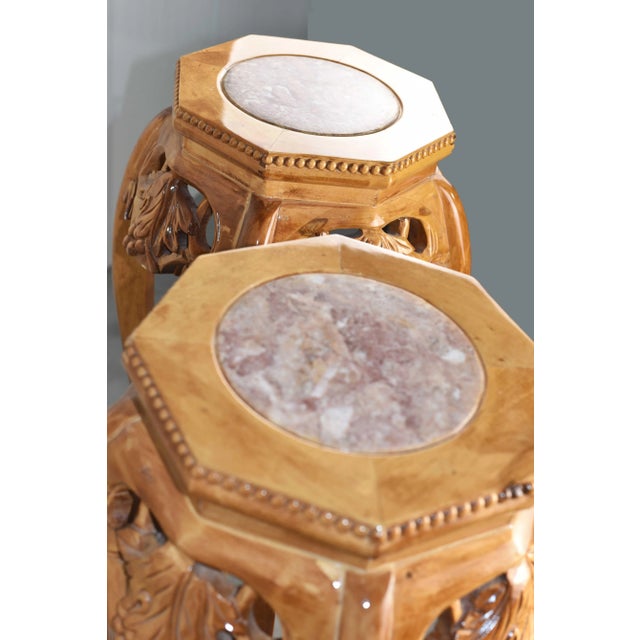 Wood Mid Century Chinoiserie Carved Wood Marble Top Plant Stand Pedestal Table - a Pair For Sale - Image 7 of 12