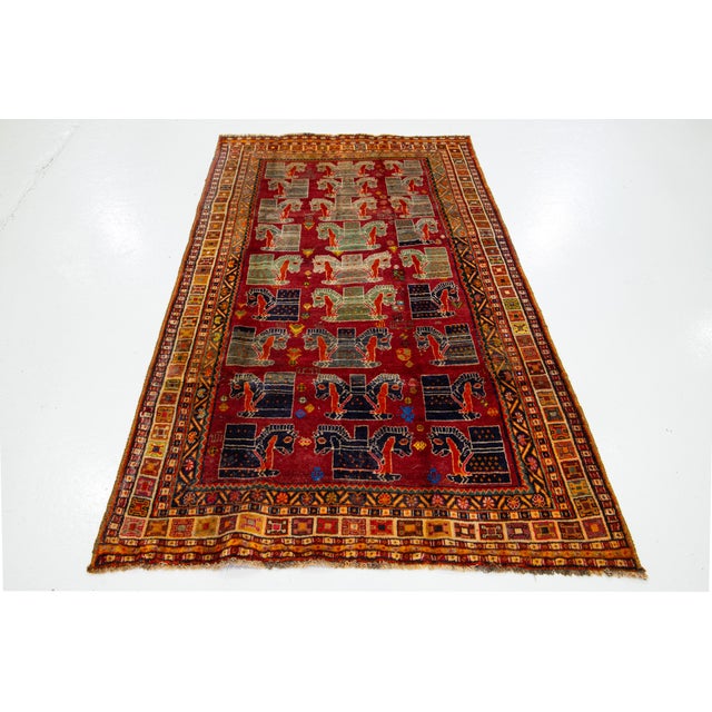 4 X 8 Vintage Persian Shiraz Pictorial Wool Rug in Red For Sale - Image 9 of 9