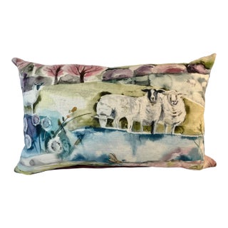 Large Bolster Pillow Decorated With a Water Color Look Scene of Sheep Grazing in a Pasture Near a Pond - Made in the U K For Sale