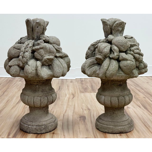 English Vintage Concrete Garden Fruit Baskets Statues Urns, a Pair For Sale - Image 3 of 14