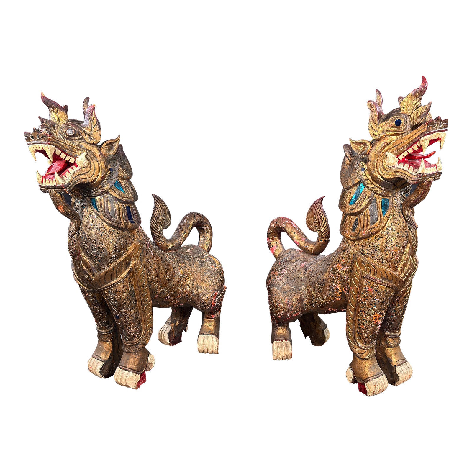 Antique c.1920's/30's Pair of Monumental Burmese Carved Wood Gilt Temple Guardian Lions / Foo Dogs
