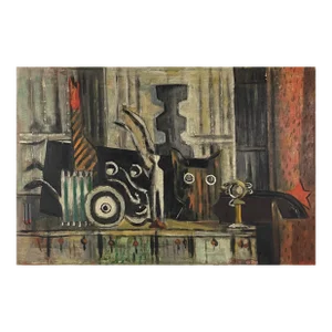 Frederick Robbins Childs (1908-1978) - Modernist Still Life With Owl, Signed (1950, Oil on Canvas)