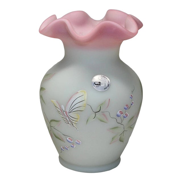 1980s Fenton Lotus Mist Butterfly & Berry 5 1/2" Ruffled Vase For Sale