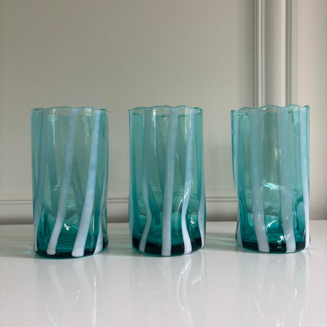 Set of 6 Size: 5.6"H x 3"W Turquoise Blue Glass / White Strip Murano Glass Lowball Glasses Made in Italy | Hand-painted...