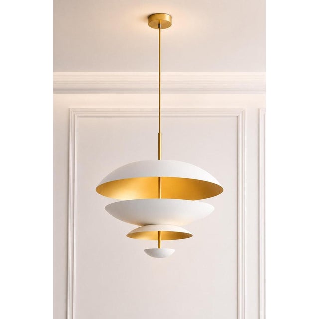 Not Yet Made - Made To Order Tiered Pink Brass Chandelier | Handmade Copper Disc Ceiling Light | Mid Century Modern Luxury Pendant | Art Deco Statement Lighting Fixture For Sale - Image 5 of 7