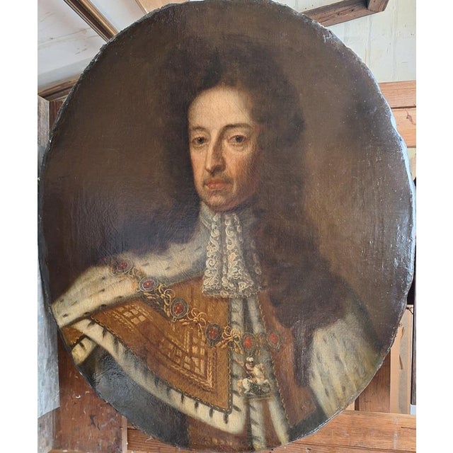 Wood Early 18th Century — After Sir Godfrey Kneller Large Oil Portrait of King William III Wearing Royal State Robes With Order of the Garter For Sale - Image 7 of 18