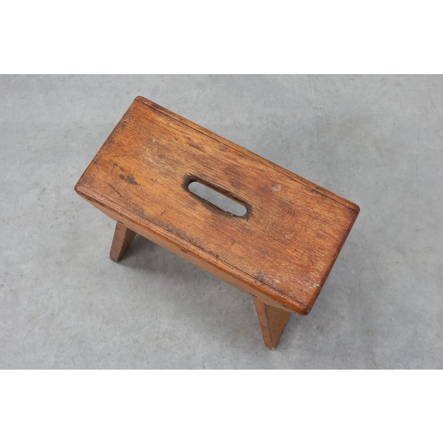 Brown Rustic Pine Stool with Cut-Out Trestle Legs, Sweden, 1920 For Sale - Image 8 of 17