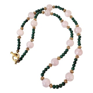 Vintage Rose, Quartz, and Malachite Beaded Necklace For Sale