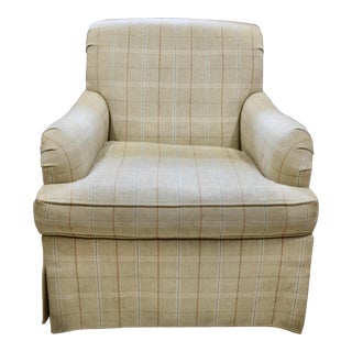 Late 20th Century Hickory Chair Co English Arm Chair in Neutral Plaid Linen Upholstery For Sale