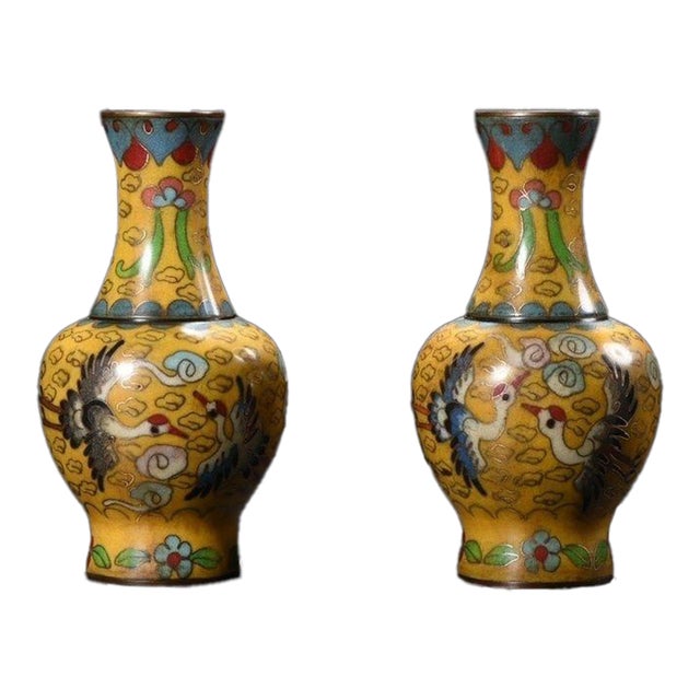 Pair of Vintage Cloisonné Enamel Vases With Crane and Cloud Motif For Sale