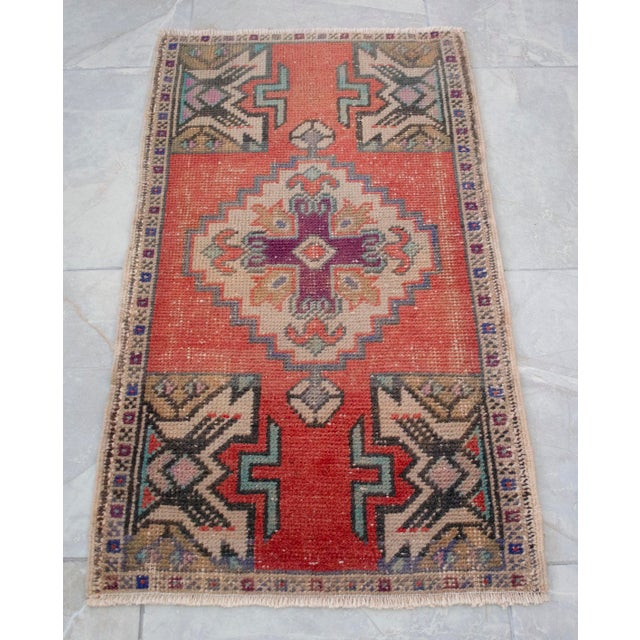 Distressed Rug Low Pile Hand Knotted Yastik Rug Faded Mat- 20'' X 36'' For Sale - Image 13 of 13