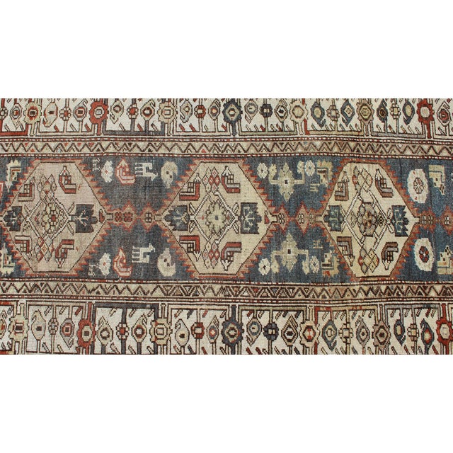 Long Persian Kurdish Runner With Medallion Design in Charcoal, Ivory and Red For Sale - Image 12 of 14
