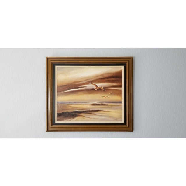 1974 Nancy Sunset Landscape W/ Flying Birds Abstract Painting For Sale - Image 11 of 11
