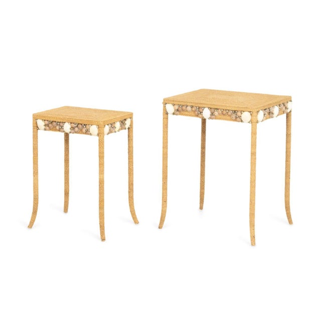 Set of Two Modern Sea Grass and Shell Nesting Tables. 26" H x 20" W x 16" D. Provenance: From a Westchester County Estate.