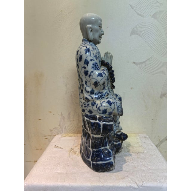 Early 20th Century Chinese Vintage Ceramic Buddhist Sculpture,Hand Carved Blue and White Porcelain the Eighteen Arhats Statue For Sale - Image 5 of 8