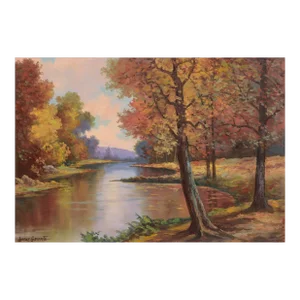 Mid Century Autumn Reflections Oil Paint Landscape by Lorenz E. Griffith