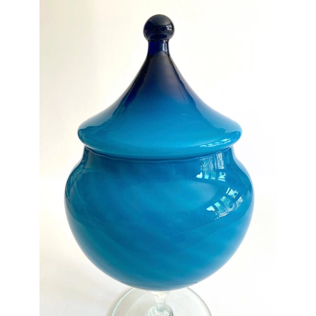 Vintage Mid Century Modern Empoli Italy Cerulean Royal Blue Ombre Art Glass Candy Bowl Pedestal Lidded Jar For Sale - Image 11 of 13