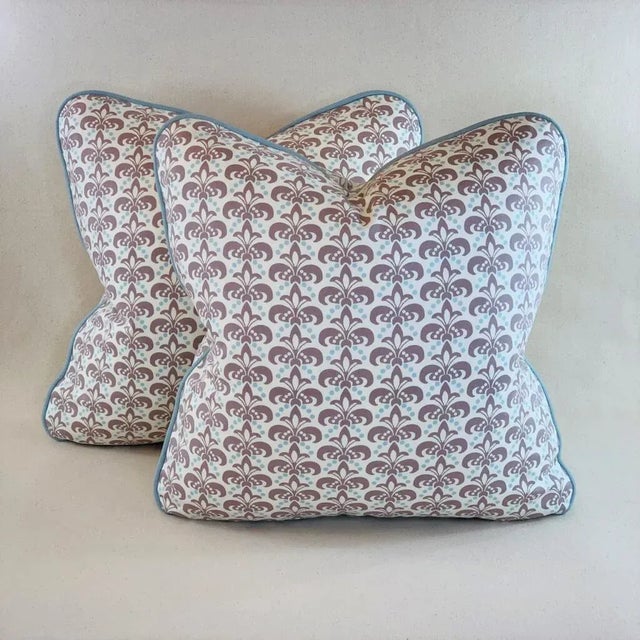 Designer Vicki Payne Free Spirit Aqua Ivory Gray Modern Fleur De Lis Pillow Covers- a Pair For Sale - Image 4 of 4