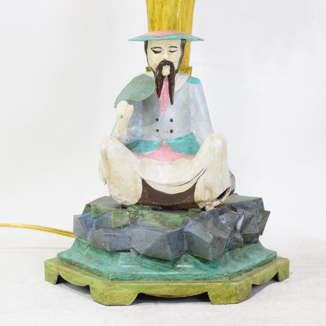 Early 21st Century Vintage Hand-Painted Chinoiserie Tole Palm Tree and Figurine Table Lamps - a Pair For Sale - Image 5 of 13