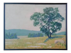 Early 20th Century Antique Signed Samuel B. Wylie Woodstock Summer Landscape Oil on Board Painting, Framed