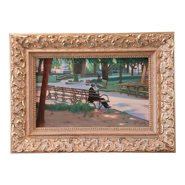 1990s Thomas Wagner Park Near the Flat Iron Building Nyc - Oil on Mahogany Panel For Sale