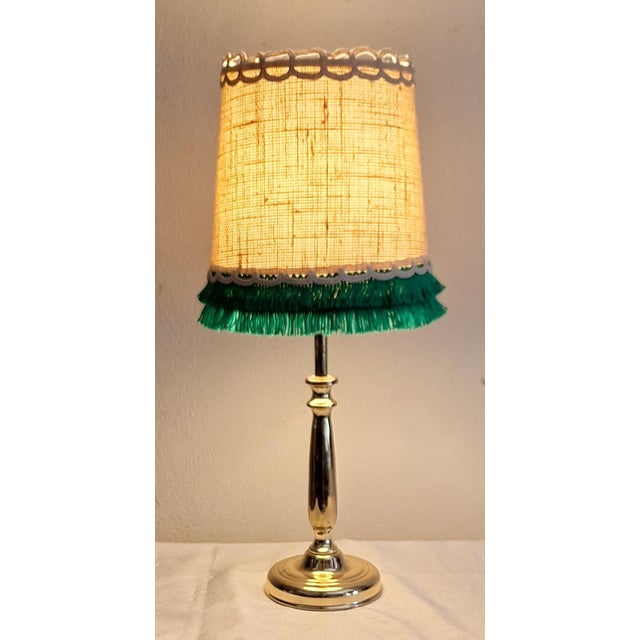 Beige Vintage Brass Pilot Table Lamp with Fabric Shade and Green Trim, 1990s For Sale - Image 8 of 8