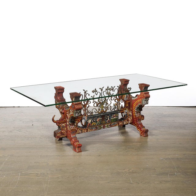 Arts and Crafts Sicilian Polychromed Wood & Iron Glass Top Oxcart Cocktail Table For Sale - Image 14 of 18