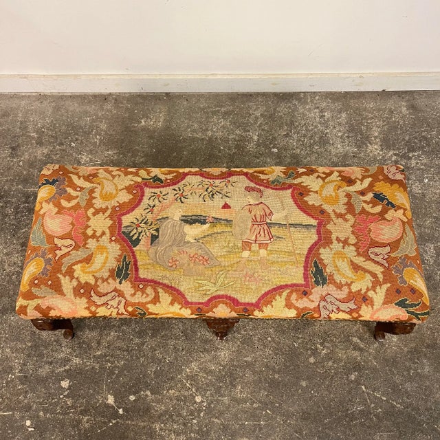 Brown Antique French Style Carved Wood & Needlepoint Tapestry Bench For Sale - Image 8 of 12