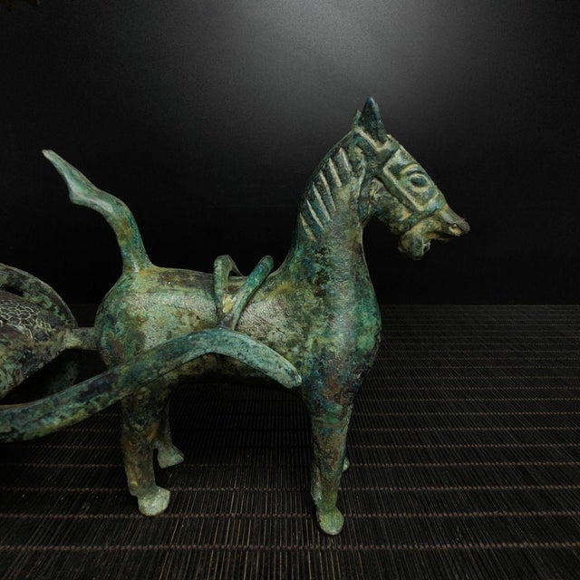Verdigris Chinese Bronze Horse & Chariot Sculpture With Verdigris Patina For Sale - Image 8 of 9