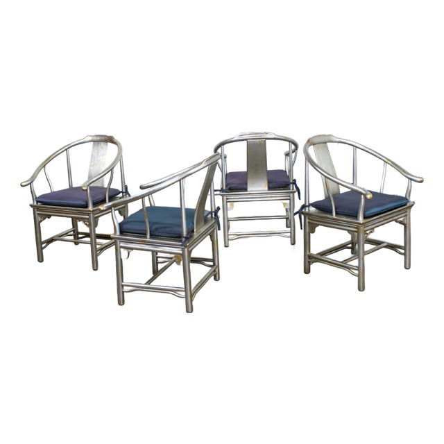 Late 20th Century Ming Treasures Yoke Back Gold/Silver Leaf Dining Chairs by Drexel Heritage Set of 4 For Sale