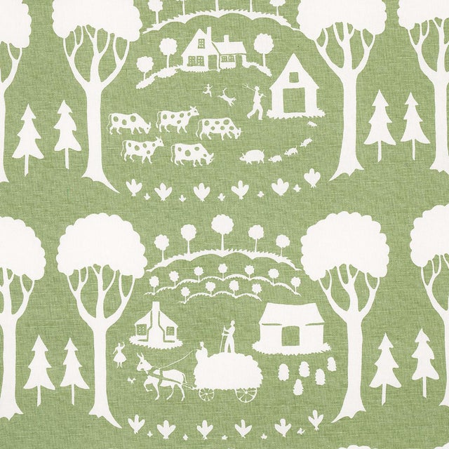 Sample - Schumacher Farm Scene Fabric in Green For Sale