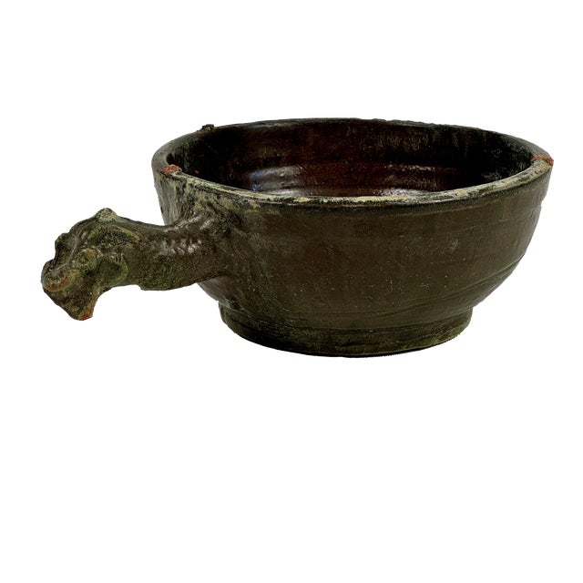 Vintage Asian Ceramic Green Glazed Dish With Dragon Head Extended Handle For Sale