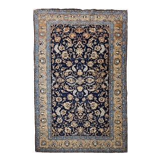 Antique Persian Tabriz Rug, Hand-Knotted Wool & Silk, Allover Floral Pattern, Navy & Tan, 6x10 For Sale