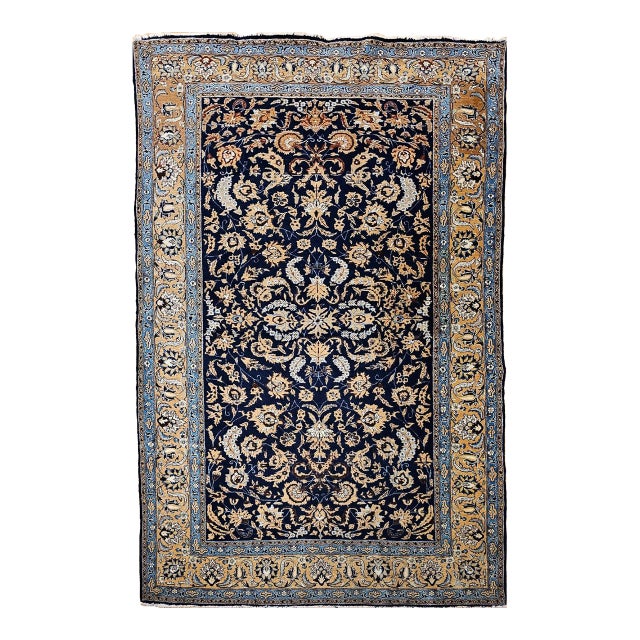 Antique Persian Tabriz Rug, Hand-Knotted Wool & Silk, Allover Floral Pattern, Navy & Tan, 6x10 For Sale